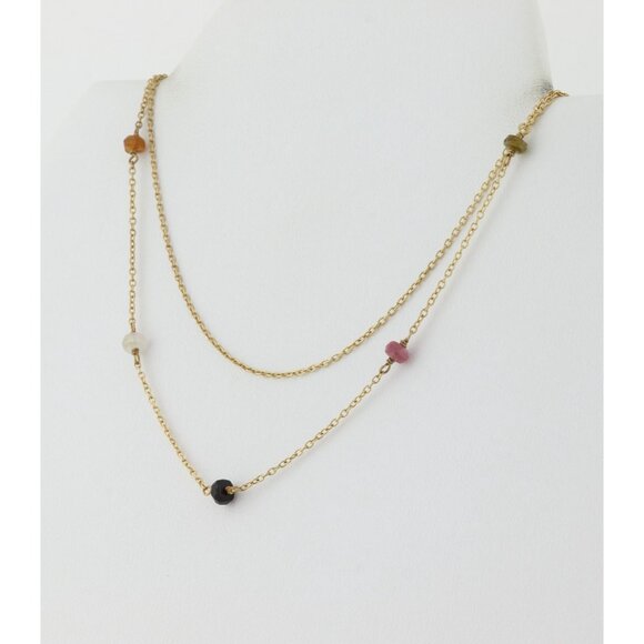 Gold Over Sterling Silver Natural Tourmaline Layered Station Necklace 15 to 17.5 - Picture 6 of 7